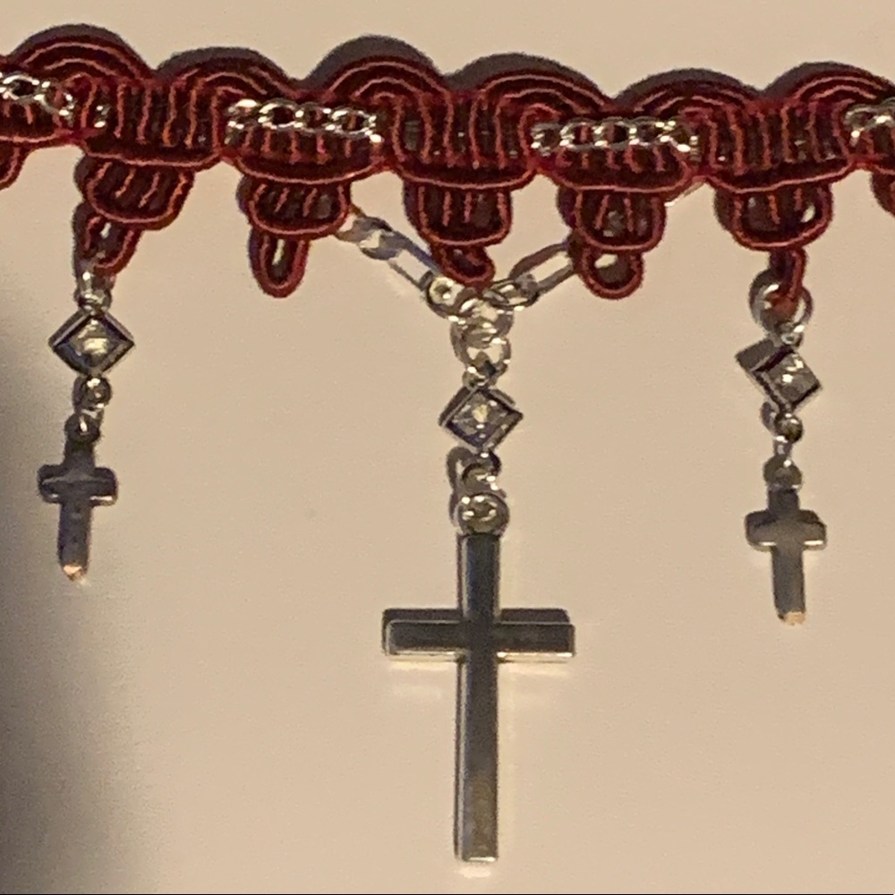 O.O.A.K. Red Ribbon Silver Rhinestone Cross Choker - Picture 3 of 13